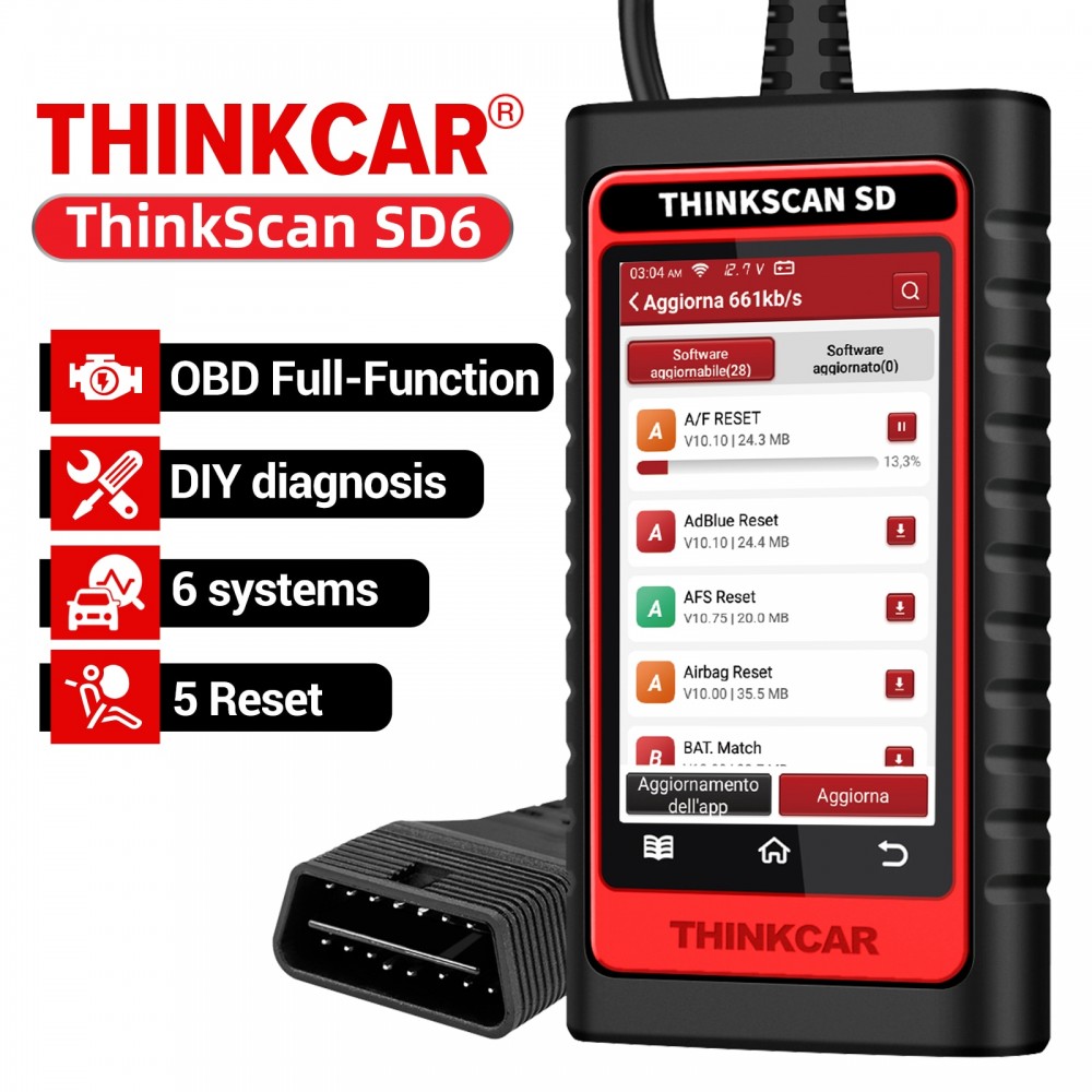 ThinkCar ThinkScan SD6 OBD2 Scanner Engine ABS SRS ECM TCM BCM IC Auto Diagnostic  Tool with 28 Reset Function ( 5 reset Function Free optional ) Lifetime  Free Update + 8 Langauge Support OBDII Code Reader Scanner