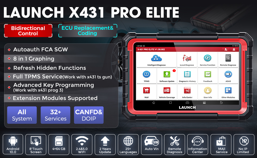 LAUNCH-X431-PRO-Elite-OBD2-Scanner-2023-New-Bidirectional-Scan-Tool-with-CANFD-DOIP-ECU-Online-CodingFull-System32-ResetsKey-ProgramVAG-Guide-SP476-EU
